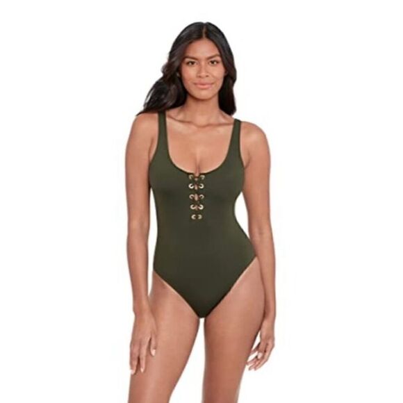 Ralph Lauren One-Piece Swimsuit Beach Club Solids Lace Front Swimwear Olive 22W - Picture 5 of 13